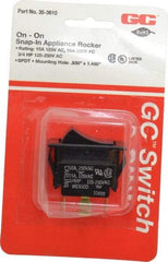 GC/Waldom - SPDT, Maintained (MA), On-On Sequence, Appliance Rocket Switch - 15 Amps at 125 Volts, 10 Amps at 250 Volts, 3/4 hp at 125/250 VAC, Quick Connect, Panel Mount - USA Tool & Supply