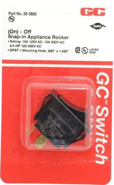 GC/Waldom - DPST, Momentary (MO), On-Off Sequence, Appliance Rocket Switch - 15 Amps at 125 Volts, 10 Amps at 250 Volts, 3/4 hp at 125/250 VAC, Quick Connect, Panel Mount - USA Tool & Supply