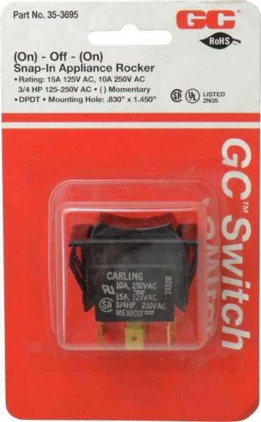 GC/Waldom - DPDT, Momentary (MO), On-Off-On Sequence, Appliance Rocket Switch - 15 Amps at 125 Volts, 10 Amps at 250 Volts, 3/4 hp at 125/250 VAC, Quick Connect, Panel Mount - USA Tool & Supply