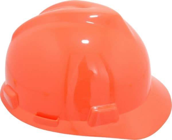 MSA - ANSI Type I, Class E Rated, 4-Point, Ratchet Adjustment Hard Hat - Size 6-1/2 to 8, Orange, Standard Brim - USA Tool & Supply