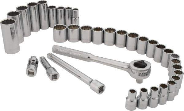 Paramount - 34 Piece 3/8" Drive Standard Deep Socket Set - 12 Points, 5/16 to 7/8", 8 to 19mm, Inch/Metric Measurement Standard - USA Tool & Supply
