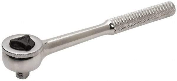 Paramount - 3/8" Drive Round Head Quick-Release Ratchet - Chrome Finish, 7-29/32" OAL, 45 Gear Teeth, Full Polished Knurled Handle, Reversible with Knurled Speed Ring Head - USA Tool & Supply