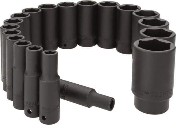 Paramount - 19 Piece 1/2" Drive Deep Well Impact Socket Set - 6 Points, 3/8" to 1-1/2" Range, Inch Measurement Standard - USA Tool & Supply