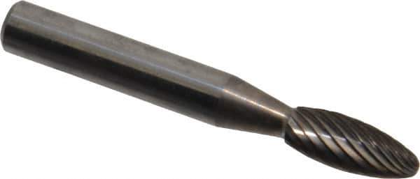 Atrax - 1/4" Cut Diam, 1/4" Shank Diam, Flame Head Single Cut Burr - Carbide, Radius End, 3/8" LOC, 2" OAL - USA Tool & Supply