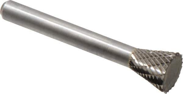 Atrax - 1/2" Cut Diam, 1/4" Shank Diam, Inverted Cone Head Double Cut Burr - Carbide, Flat End, 1/2" LOC, 2-1/4" OAL - USA Tool & Supply