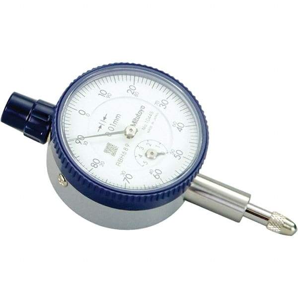 Mitutoyo - 5mm Range, 0-100 Dial Reading, 0.01mm Graduation Dial Drop Indicator - 40mm Dial, 1mm Range per Revolution, 0.01mm Accuracy, Revolution Counter - USA Tool & Supply