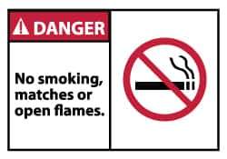 NMC - Accident Prevention Label, Header: DANGER - Legend: Danger - No Smoking, Matches or Open Flames, English, Red, Black & White, 5" Long x 3" High, Sign Muscle Finish - USA Tool & Supply