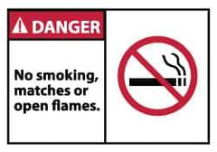 NMC - Accident Prevention Label, Header: DANGER - Legend: Danger - No Smoking, Matches or Open Flames, English, Red, Black & White, 5" Long x 3" High, Sign Muscle Finish - USA Tool & Supply