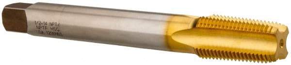 Hertel - 1/2-14 NPT, 4 Flute, Plug Chamfer, TiN Finish, High Speed Steel, Extension Pipe Tap - 6" OAL, 11/16" Shank Diam, 1-3/8" Thread Length - USA Tool & Supply