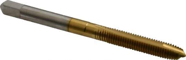 Hertel - M5x0.80 Metric Coarse, 2 Flute, TiN Finish, High Speed Steel Spiral Point Tap - Plug Chamfer, Right Hand Thread, 2-3/8" OAL, 7/8" Thread Length, 0.194" Shank Diam - Exact Industrial Supply