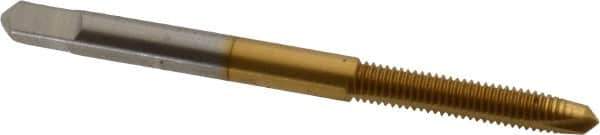 Hertel - M4.5x0.75 Metric Coarse, 2 Flute, TiN Finish, High Speed Steel Spiral Point Tap - Plug Chamfer, Right Hand Thread, 2-3/8" OAL, 7/8" Thread Length, 0.194" Shank Diam - Exact Industrial Supply