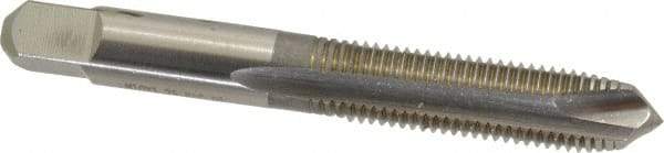 Hertel - M10x1.25 Metric Fine, 3 Flute, Bright Finish, High Speed Steel Spiral Point Tap - Plug Chamfer, Right Hand Thread, 2-15/16" OAL, 1-1/4" Thread Length, 0.381" Shank Diam - Exact Industrial Supply
