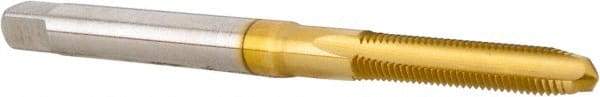 Hertel - M3x0.50 Metric Coarse 3 Flute TiN Finish High Speed Steel Straight Flute Standard Hand Tap - Plug, Right Hand Thread, 1-15/16" OAL, 5/8" Thread Length, D1 Limit, Oversize - Exact Industrial Supply