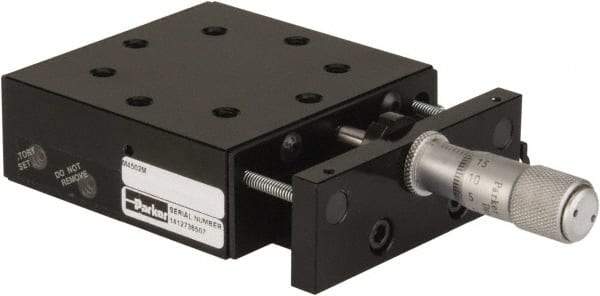 Parker - 29 Kg Capacity, M5 Mount Hole, 13mm Travel, Precision Ball Bearing Table with Center Drive - Single Axis, 8 Mounting Holes, 66-1/2mm Long x 66-1/2mm Wide x 25.4mm High - USA Tool & Supply