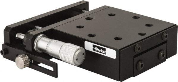 Parker - 62 Lb. Capacity, 10-32 Mount Hole, 1/2" Travel, Precision Ball Bearing Table with Side Drive - Single Axis, 8 Mounting Holes, 2.56" Long x 2.62" Wide x 1" High - USA Tool & Supply