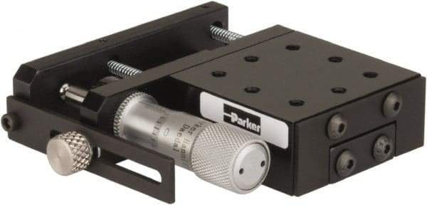 Parker - 25 Lb. Capacity, 6-32 Mount Hole, 1/2" Travel, Precision Ball Bearing Table with Side Drive - Single Axis, 8 Mounting Holes, 1-3/4" Long x 1-3/4" Wide x 3/4" High - USA Tool & Supply
