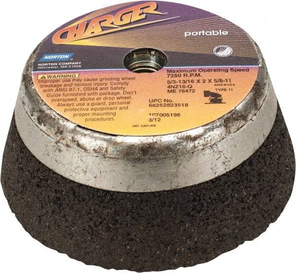 Norton - 5" Diam, 2" Overall Thickness, 16 Grit, Type 11 Tool & Cutter Grinding Wheel - Very Coarse Grade, Zirconia Alumina, Q Hardness, 7,260 RPM - USA Tool & Supply