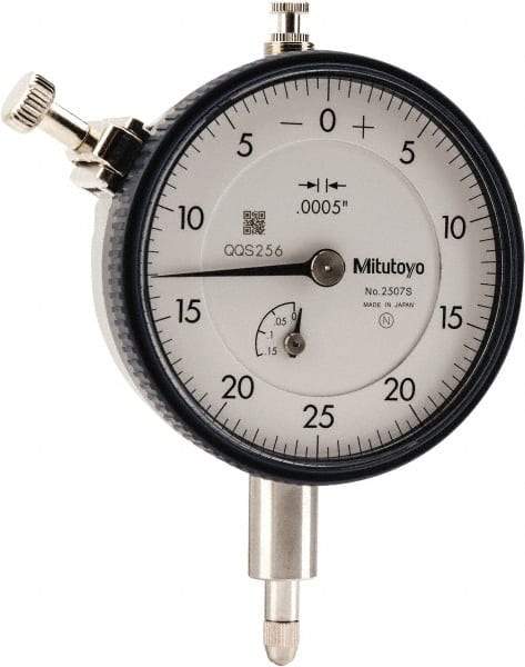 Mitutoyo - 1/8" Range, 0-25-0 Dial Reading, 0.0005" Graduation Dial Drop Indicator - 2-1/4" Dial, 0.05" Range per Revolution, 0.0005" Accuracy, Revolution Counter - USA Tool & Supply