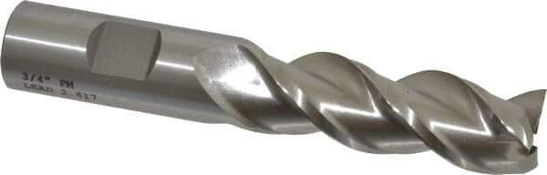 Cleveland - 3/4", 2-1/4" LOC, 3/4" Shank Diam, 4-1/2" OAL, 3 Flute, Powdered Metal Square End Mill - Single End, Uncoated, Spiral Flute, 42° Helix, Centercutting, Right Hand Cut, Right Hand Flute, Series PM-539R - USA Tool & Supply