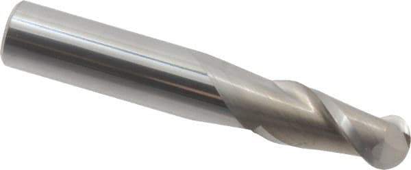 Accupro - 15/32" Diam, 1" LOC, 2 Flute Solid Carbide Ball End Mill - Uncoated, Single End, 3" OAL, 1/2" Shank Diam, Spiral Flute - USA Tool & Supply