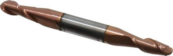 Accupro - 13/64" Diam, 1/2" LOC, 2 Flute Solid Carbide Ball End Mill - TiCN Finish, Double End, 2-1/2" OAL, 1/4" Shank Diam, Spiral Flute - USA Tool & Supply