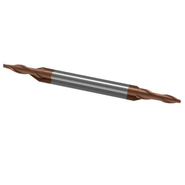 Accupro - 1/16", 1/8" LOC, 1/8" Shank Diam, 1-1/2" OAL, 2 Flute, Solid Carbide Square End Mill - Double End, TiCN Finish, Spiral Flute, 30° Helix, Centercutting, Right Hand Cut, Right Hand Flute - USA Tool & Supply