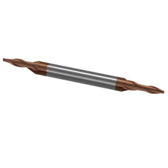 Accupro - 1/16", 1/8" LOC, 1/8" Shank Diam, 1-1/2" OAL, 2 Flute, Solid Carbide Square End Mill - Double End, TiCN Finish, Spiral Flute, 30° Helix, Centercutting, Right Hand Cut, Right Hand Flute - USA Tool & Supply