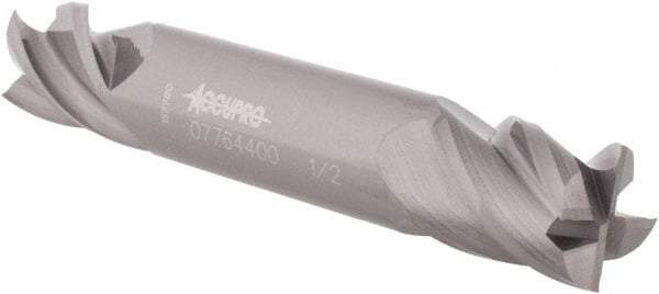 Accupro - 1/2", 5/8" LOC, 1/2" Shank Diam, 3" OAL, 4 Flute, Solid Carbide Square End Mill - Double End, Uncoated, Spiral Flute, 40° Helix, Centercutting, Right Hand Cut, Right Hand Flute - USA Tool & Supply