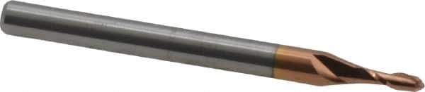 Accupro - 1/16" Diam, 3/16" LOC, 2 Flute Solid Carbide Ball End Mill - TiCN Finish, Single End, 1-1/2" OAL, 1/8" Shank Diam, Spiral Flute - USA Tool & Supply