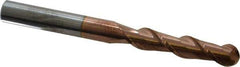Accupro - 3/8" Diam, 1-3/4" LOC, 2 Flute Solid Carbide Ball End Mill - TiCN Finish, Single End, 4" OAL, 3/8" Shank Diam, Spiral Flute - USA Tool & Supply