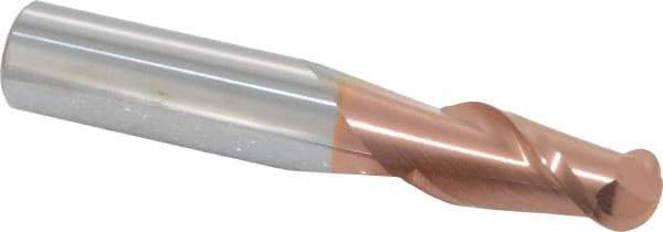 Accupro - 15/32" Diam, 1" LOC, 2 Flute Solid Carbide Ball End Mill - TiCN Finish, Single End, 3" OAL, 1/2" Shank Diam, Spiral Flute - USA Tool & Supply