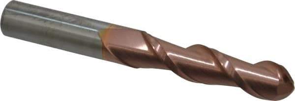 Accupro - 1/2" Diam, 2" LOC, 2 Flute Solid Carbide Ball End Mill - TiCN Finish, Single End, 4" OAL, 1/2" Shank Diam, Spiral Flute - USA Tool & Supply