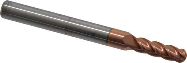 Accupro - 13/64" Diam, 5/8" LOC, 4 Flute Solid Carbide Ball End Mill - TiCN Finish, Single End, 2-1/2" OAL, 1/4" Shank Diam, Spiral Flute - USA Tool & Supply