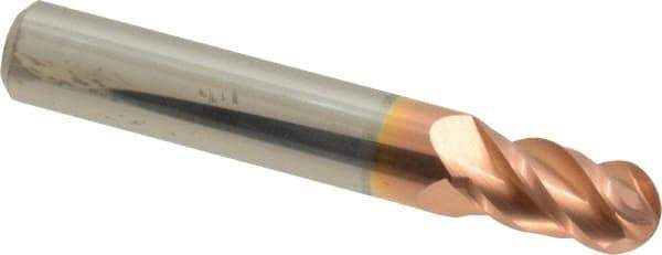 Accupro - 9/32" Diam, 1/2" LOC, 4 Flute Solid Carbide Ball End Mill - TiCN Finish, Single End, 2" OAL, 5/16" Shank Diam, Spiral Flute - USA Tool & Supply