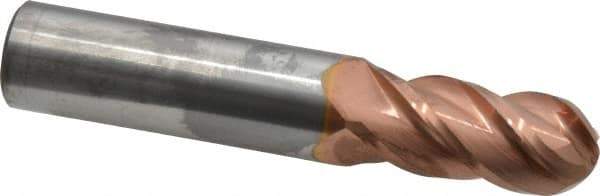 Accupro - 11/16" Diam, 1-1/2" LOC, 4 Flute Solid Carbide Ball End Mill - TiCN Finish, Single End, 4" OAL, 3/4" Shank Diam, Spiral Flute - USA Tool & Supply