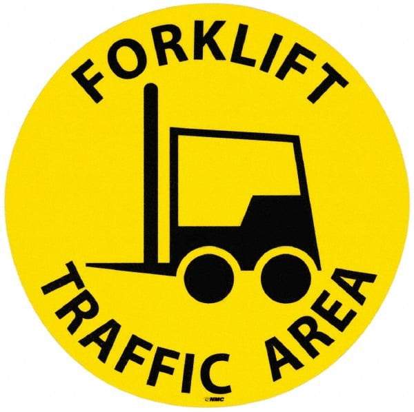 NMC - Forklift Traffic Area, Anti-Skid Pressure-Sensitive Vinyl Floor Sign - Round, Black on Yellow, Adhesive Backed, For Accident Prevention - USA Tool & Supply