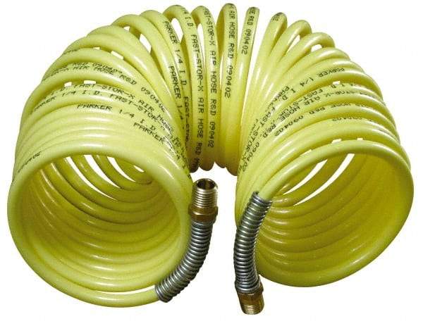 Parker - 3/8" ID, 3/8 Thread, 25' Long, Yellow Nylon Coiled & Self Storing Hose - 225 Max psi, Male Rigid x Male Swivel - USA Tool & Supply