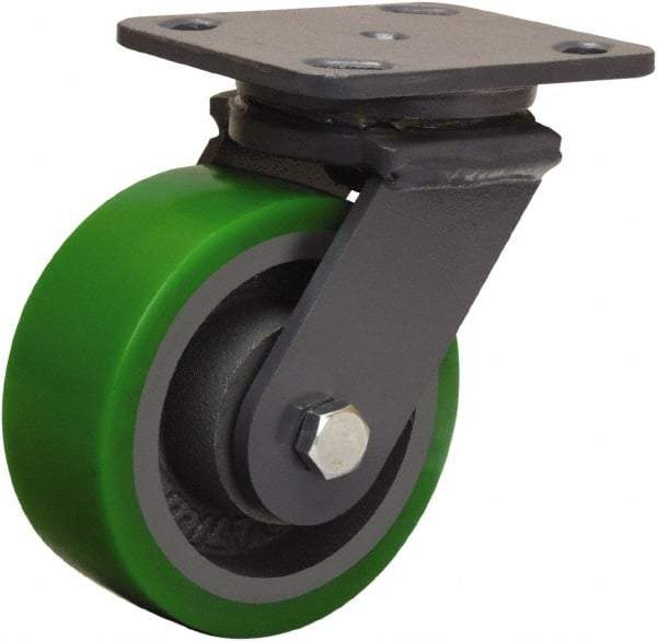 Hamilton - 5" Diam x 2" Wide x 6-1/2" OAH Top Plate Mount Swivel Caster - Polyurethane Mold onto Cast Iron Center, 1,050 Lb Capacity, Sealed Precision Ball Bearing, 4 x 5" Plate - USA Tool & Supply