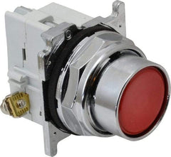 Eaton Cutler-Hammer - 30-1/2mm Mount Hole, Flush, Pushbutton Switch with Contact Block - Round, Red Pushbutton, Nonilluminated, Momentary (MO), Corrosion Resistant, Oiltight and Watertight - USA Tool & Supply