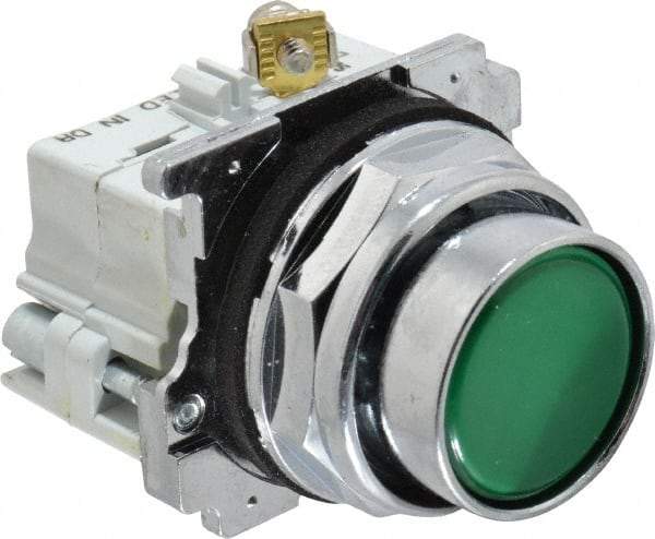 Eaton Cutler-Hammer - 30-1/2mm Mount Hole, Flush, Pushbutton Switch with Contact Block - Round, Green Pushbutton, Nonilluminated, Momentary (MO), Corrosion Resistant, Oiltight and Watertight - USA Tool & Supply