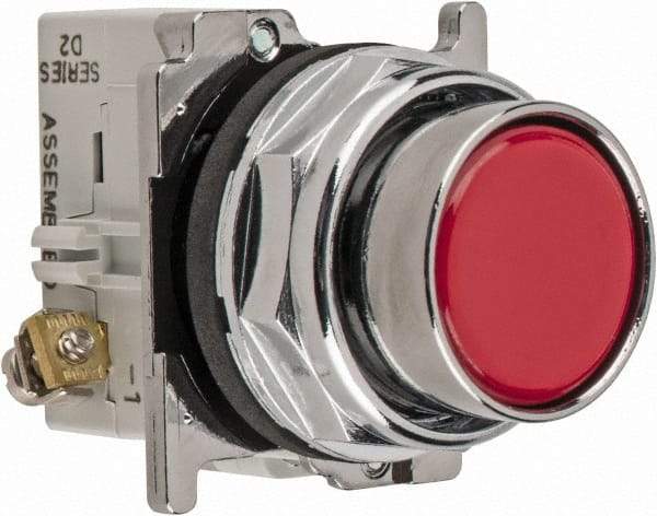 Eaton Cutler-Hammer - 30-1/2mm Mount Hole, Flush, Pushbutton Switch with Contact Block - Round, Red Pushbutton, Nonilluminated, Momentary (MO), Corrosion Resistant, Oiltight and Watertight - USA Tool & Supply