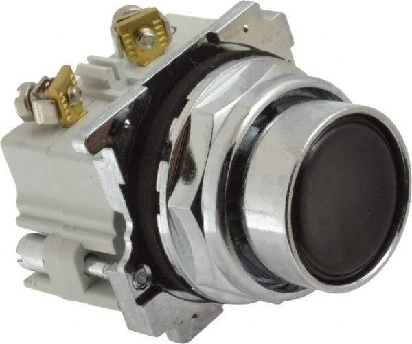 Eaton Cutler-Hammer - 30-1/2mm Mount Hole, Flush, Pushbutton Switch with Contact Block - Round, Black Pushbutton, Nonilluminated, Momentary (MO), Corrosion Resistant, Oiltight and Watertight - USA Tool & Supply