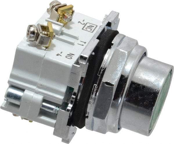 Eaton Cutler-Hammer - 30-1/2mm Mount Hole, Flush, Pushbutton Switch with Contact Block - Round, Green Pushbutton, Nonilluminated, Momentary (MO), Corrosion Resistant, Oiltight and Watertight - USA Tool & Supply