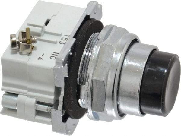 Eaton Cutler-Hammer - 30-1/2mm Mount Hole, Extended Straight, Pushbutton Switch with Contact Block - Round, Black Pushbutton, Nonilluminated, Momentary (MO), Corrosion Resistant, Oiltight and Watertight - USA Tool & Supply