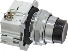Eaton Cutler-Hammer - 30-1/2mm Mount Hole, Extended Straight, Pushbutton Switch with Contact Block - Round, Black Pushbutton, Nonilluminated, Momentary (MO), Corrosion Resistant, Oiltight and Watertight - USA Tool & Supply
