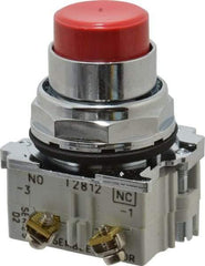Eaton Cutler-Hammer - 30-1/2mm Mount Hole, Extended Straight, Pushbutton Switch with Contact Block - Round, Red Pushbutton, Nonilluminated, Momentary (MO), Corrosion Resistant, Oiltight and Watertight - USA Tool & Supply