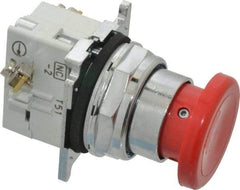 Eaton Cutler-Hammer - 30-1/2mm Mount Hole, Extended Mushroom Head, Pushbutton Switch with Contact Block - Round, Red Pushbutton, Nonilluminated, Momentary (MO), Corrosion Resistant, Oiltight and Watertight - USA Tool & Supply