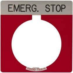 Eaton Cutler-Hammer - Square, Legend Plate - Emergency Stop - Red Background, 30-1/2mm Hole Diameter - USA Tool & Supply