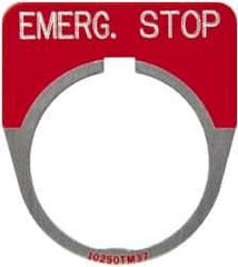 Eaton Cutler-Hammer - Round, Legend Plate - Emergency Stop - Red Background, 30-1/2mm Hole Diameter - USA Tool & Supply