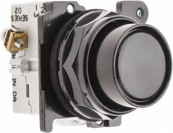 Eaton Cutler-Hammer - 30-1/2mm Mount Hole, Flush, Pushbutton Switch with Contact Block - Round, Black Pushbutton, Nonilluminated, Momentary (MO), Corrosion Resistant, Oiltight and Watertight - USA Tool & Supply